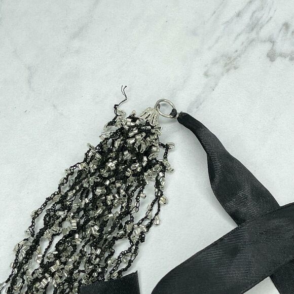 Black Multi Strand Beaded Ribbon Tie Necklace - Picture 11 of 11